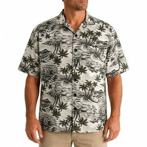 Hana Bay Hawaiian Shirt Large Palms Islands Birds Outriggers Olive-Green Tan